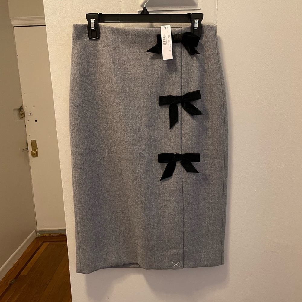 J. Crew Grey Pencil Skirt with Three Velvet Black Bows in the Front